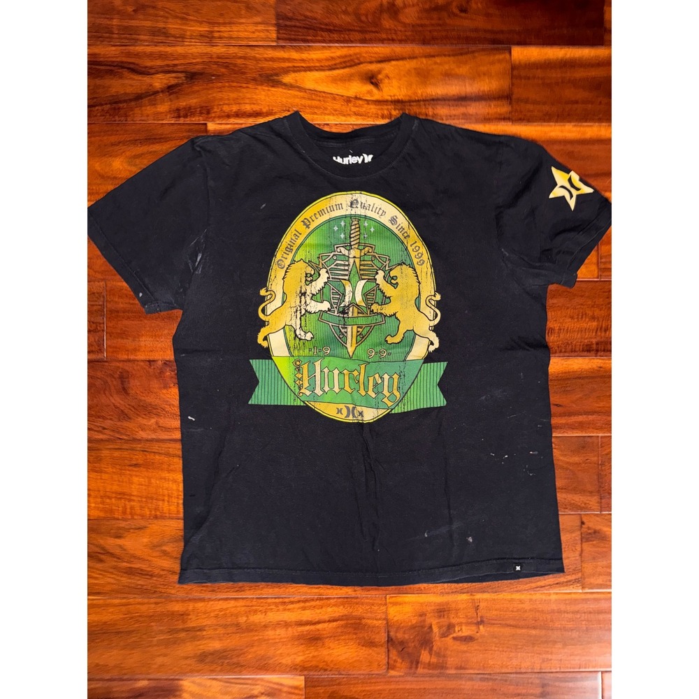 Hurley Mens Vintage Premium Fit Graphic T Black Large Lion Crest Organic Cotton